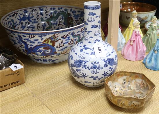 A Chinese dragon bowl, a Satsuma bowl and a vase